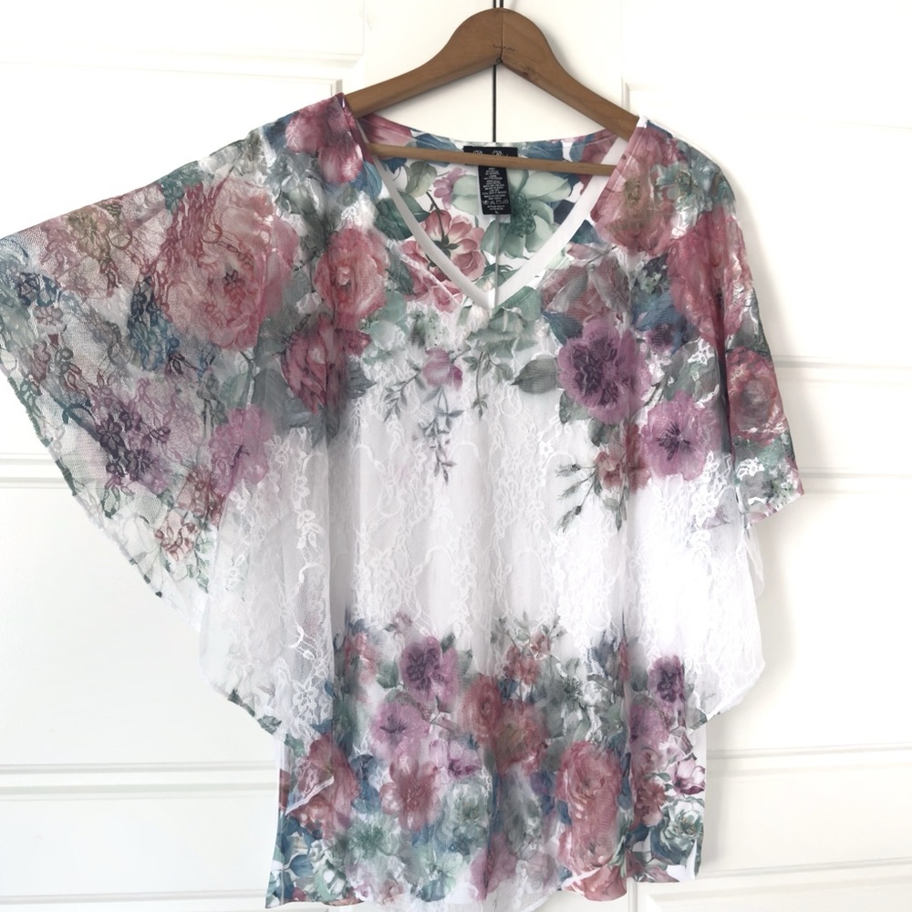 Brittany Black Floral Lace Blouse Womens Large White Sheer Angelic Fairy Top